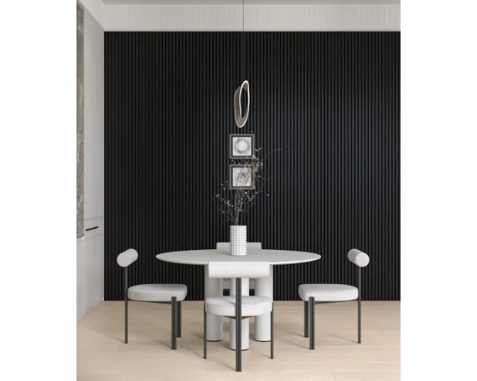 ceiling-mounted acoustic wood slat panels with dark veneer